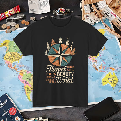 Travel Is the Art of Finding Beauty – Vintage Compass Rose & World Landmark Tee | Layover Club Air Travel T-Shirts | Jetsetter, Airport, and International Flight Tees