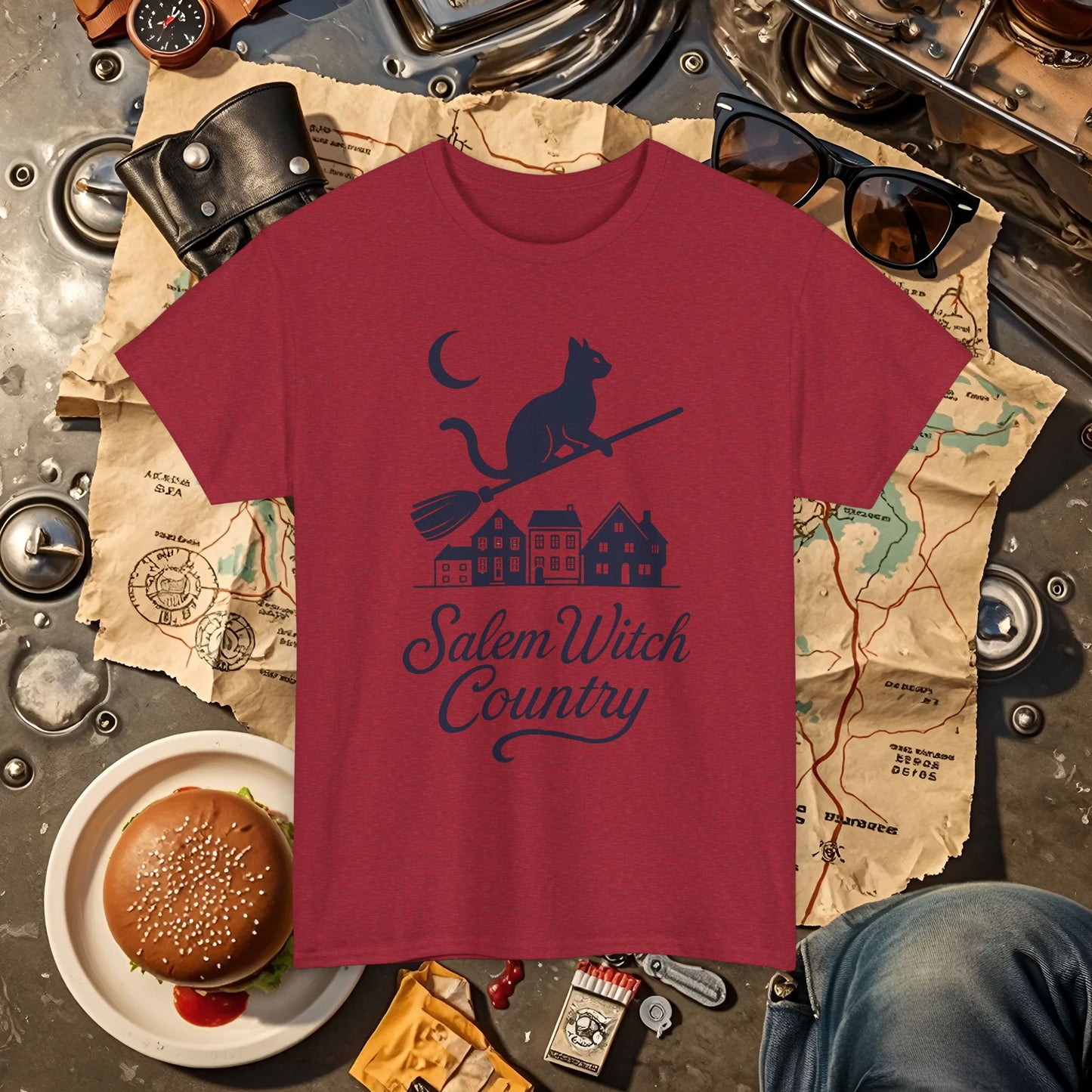 Midnight Cat on Broom – Salem Witch Country Silhouette Tee | Car, RV, and Motorcycle Adventure Tees