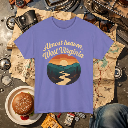 Almost Heaven, West Virginia T-Shirt – Vintage Appalachian Sunset with Winding River Road Trip & Vehicle Travel T-Shirts | Car, RV, and Motorcycle Adventure Tees