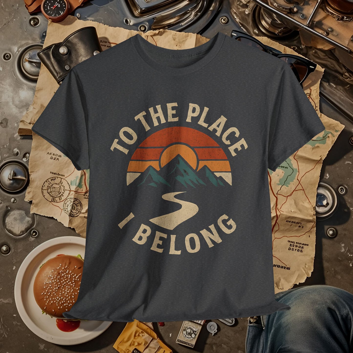 To the Place I Belong T-Shirt – Retro Sunset Mountain Road Travel Badge Road Trip & Vehicle Travel T-Shirts | Car, RV, and Motorcycle Adventure Tees