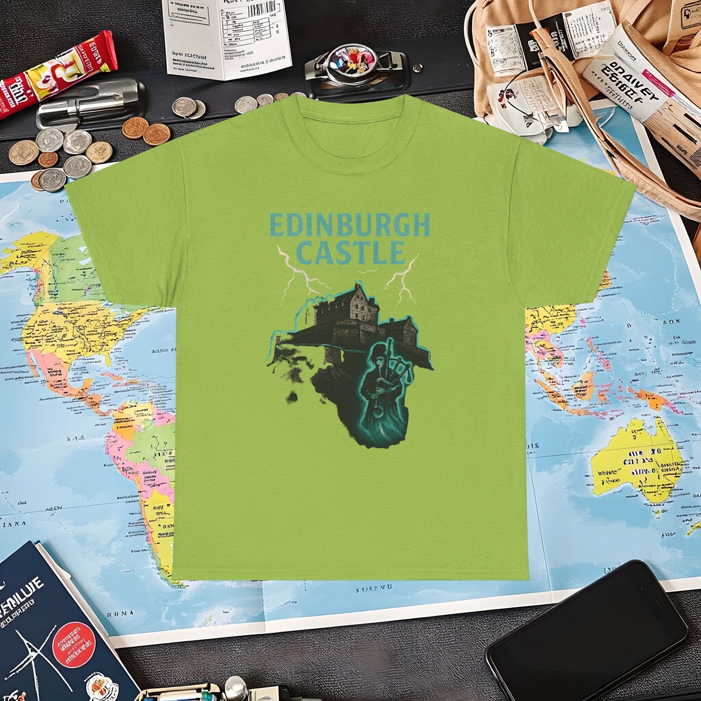 Ghostly Edinburgh Castle & Spectral Bagpiper Tee – Haunted Scotland Dark Tourism Shirt | Layover Club Air Travel T-Shirts | Jetsetter, Airport, and International Flight Tees