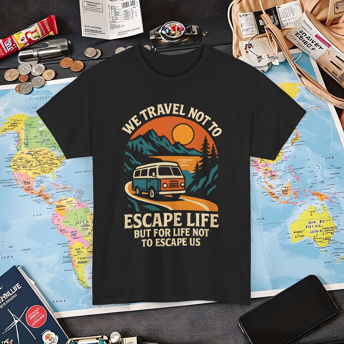 Travel Not to Escape Life – Retro Van & Sunset Road Adventure Tee | Layover Club Air Travel T-Shirts | Jetsetter, Airport, and International Flight Tees