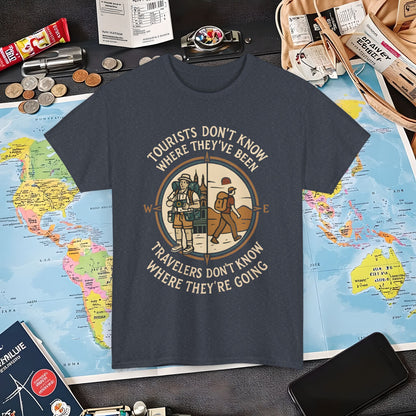 Tourists vs. Travelers – Vintage Compass Emblem Quote Tee | Layover Club Air Travel T-Shirts | Jetsetter, Airport, and International Flight Tees