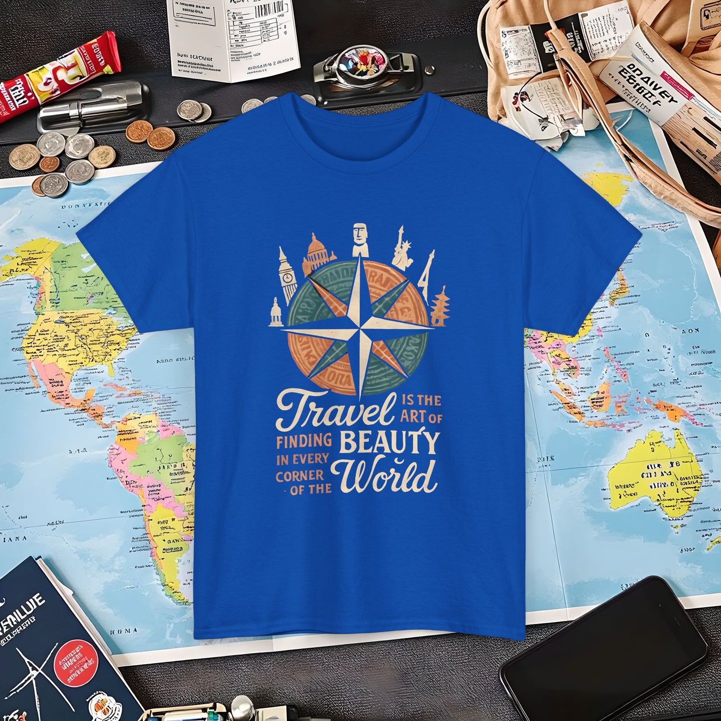 Travel Is the Art of Finding Beauty – Vintage Compass Rose & World Landmark Tee | Layover Club Air Travel T-Shirts | Jetsetter, Airport, and International Flight Tees