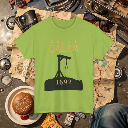 Salem 1692 Gothic Noose & Candle Flame Typography Tee – Witch Trials Dark History Shirt | Car, RV, and Motorcycle Adventure Tees