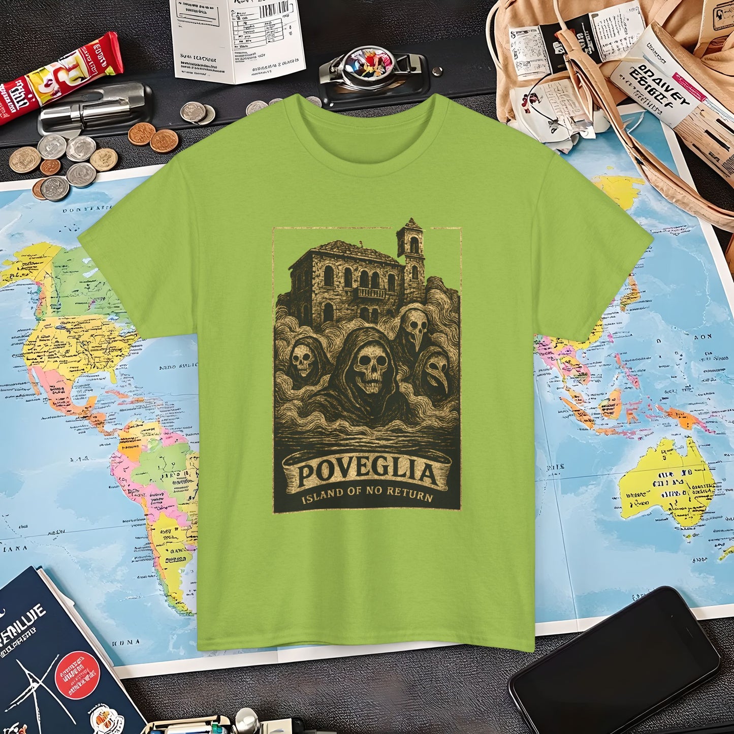 Poveglia Haunt – Ghostly Apparitions in Venetian Fog Tee – Haunted Italy Travel Shirt | Layover Club Air Travel T-Shirts | Jetsetter, Airport, and International Flight Tees