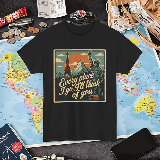 Every Place I Go, I’ll Think of You T-Shirt – Vintage Postcard Travel Collage with Iconic Landmarks Air Travel T-Shirts | Jetsetter, Airport, and International Flight Tees