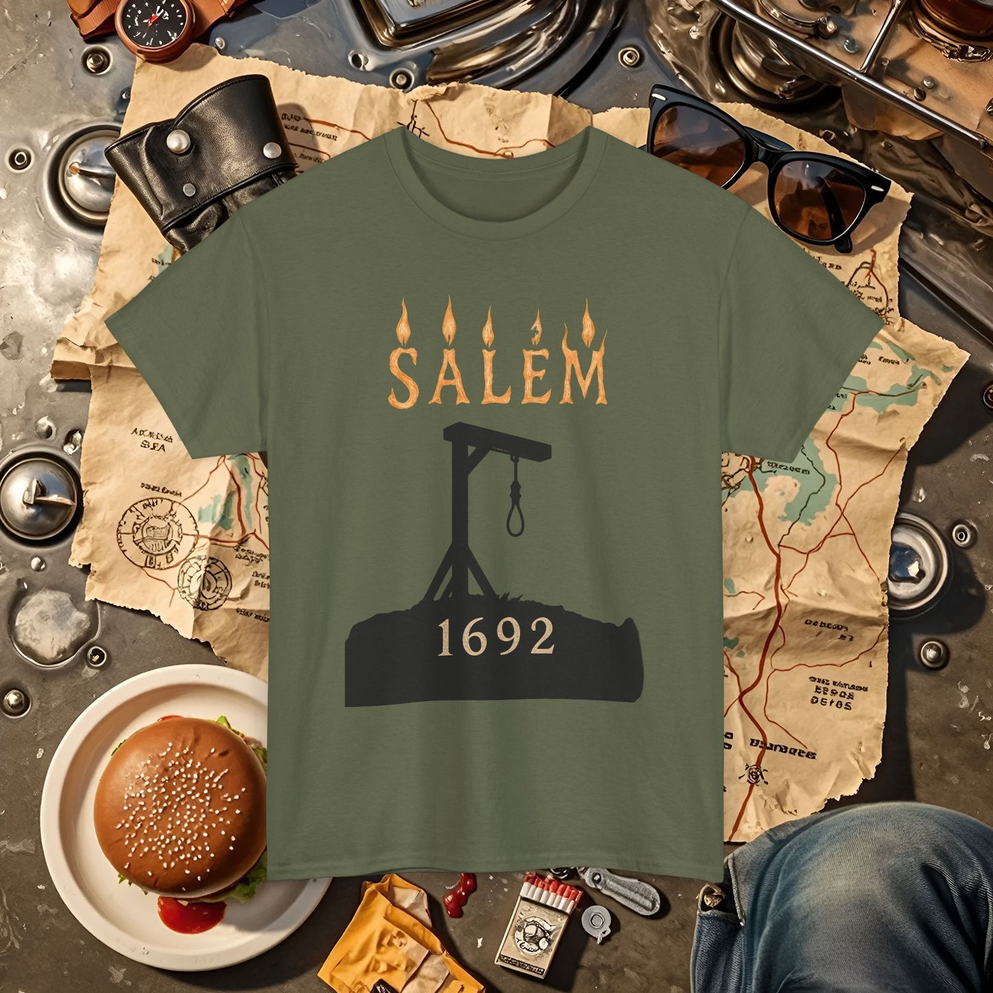 Salem 1692 Gothic Noose & Candle Flame Typography Tee – Witch Trials Dark History Shirt | Car, RV, and Motorcycle Adventure Tees