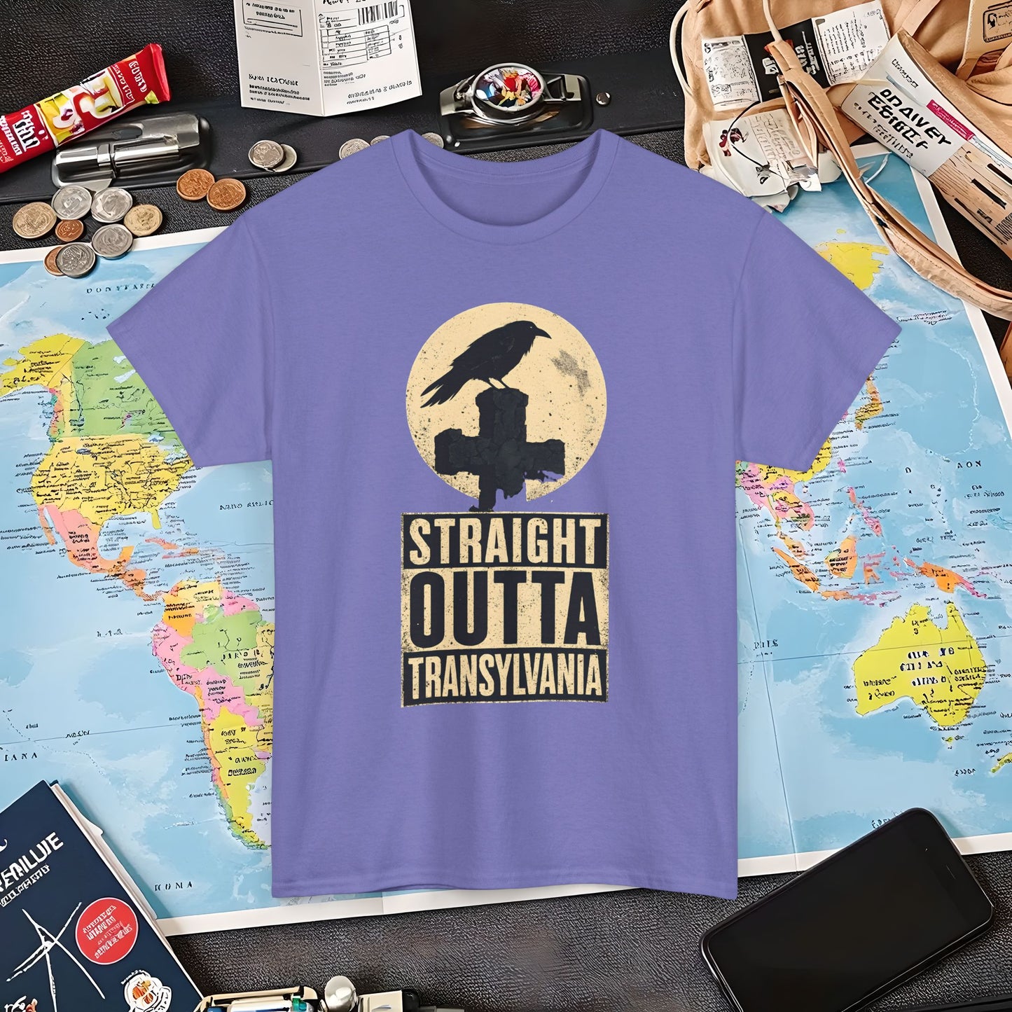 Straight Outta Transylvania Raven Cross Tee – Gothic Travel Romania Shirt | Layover Club Air Travel T-Shirts | Jetsetter, Airport, and International Flight Tees
