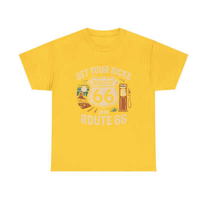 Get Your Kicks on Route 66 T-Shirt – Vintage Desert Scene with Classic Gas Pump & Roadside Vibes Road Trip & Vehicle Travel T-Shirts | Car, RV, and Motorcycle Adventure Tees