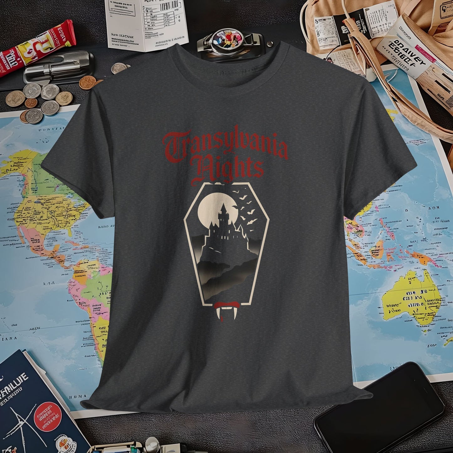 Transylvania Nights Gothic Castle Silhouette Tee – Dark Travel Romania Shirt | Layover Club Air Travel T-Shirts | Jetsetter, Airport, and International Flight Tees