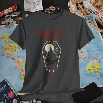 Transylvania Nights Gothic Castle Silhouette Tee – Dark Travel Romania Shirt | Layover Club Air Travel T-Shirts | Jetsetter, Airport, and International Flight Tees