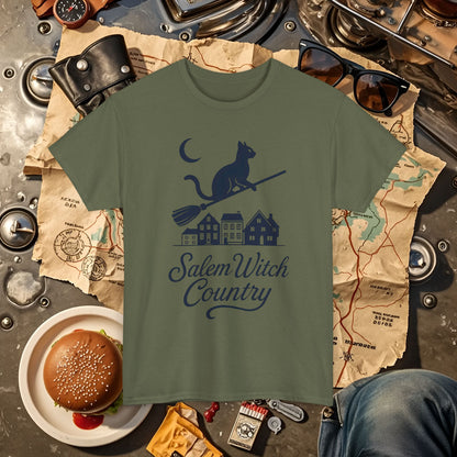 Midnight Cat on Broom – Salem Witch Country Silhouette Tee | Car, RV, and Motorcycle Adventure Tees