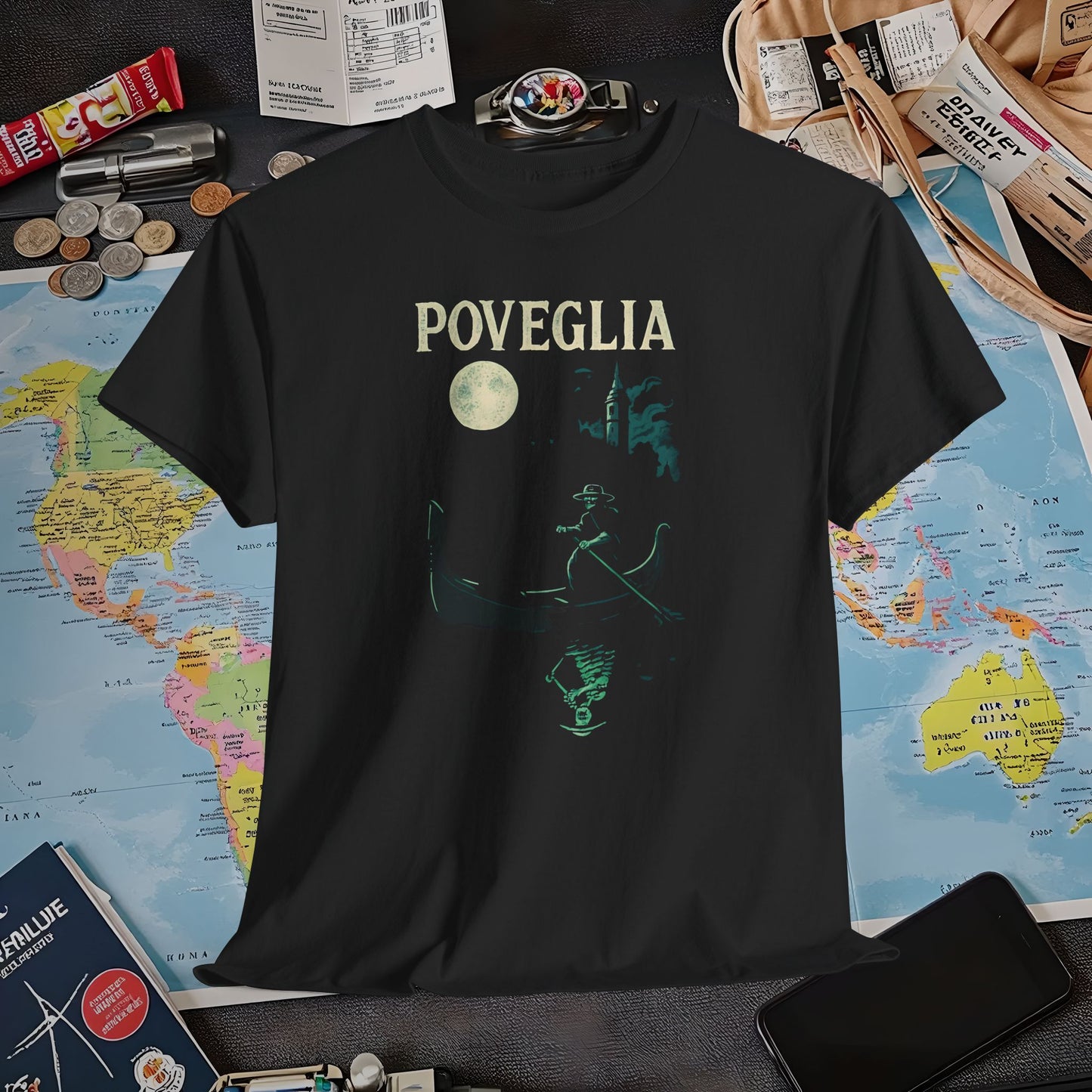 Phosphorescent Gondolier on Haunted Poveglia Tee – Ghostly Venice Dark Tourism Shirt | Layover Club Air Travel T-Shirts | Jetsetter, Airport, and International Flight Tees