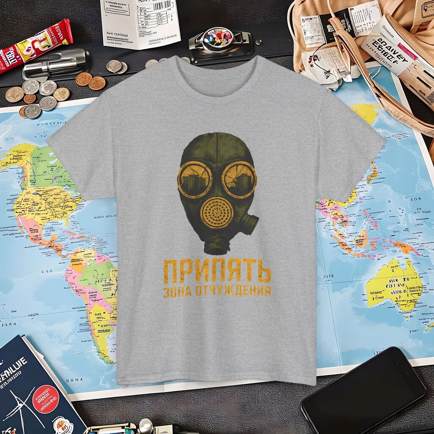 Pripyat Gas Mask with Ruined Apartment Reflection Tee – Chernobyl Dark Tourism Shirt | Layover Club Air Travel T-Shirts | Jetsetter, Airport, and International Flight Tees
