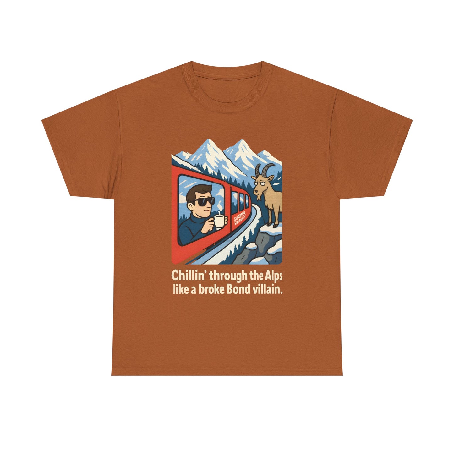 Glacier Express Chill Tee – Skeptical Goat in the Alps Vibe Road Trip & Vehicle Travel T-Shirts | Car, RV, and Motorcycle Adventure Tees