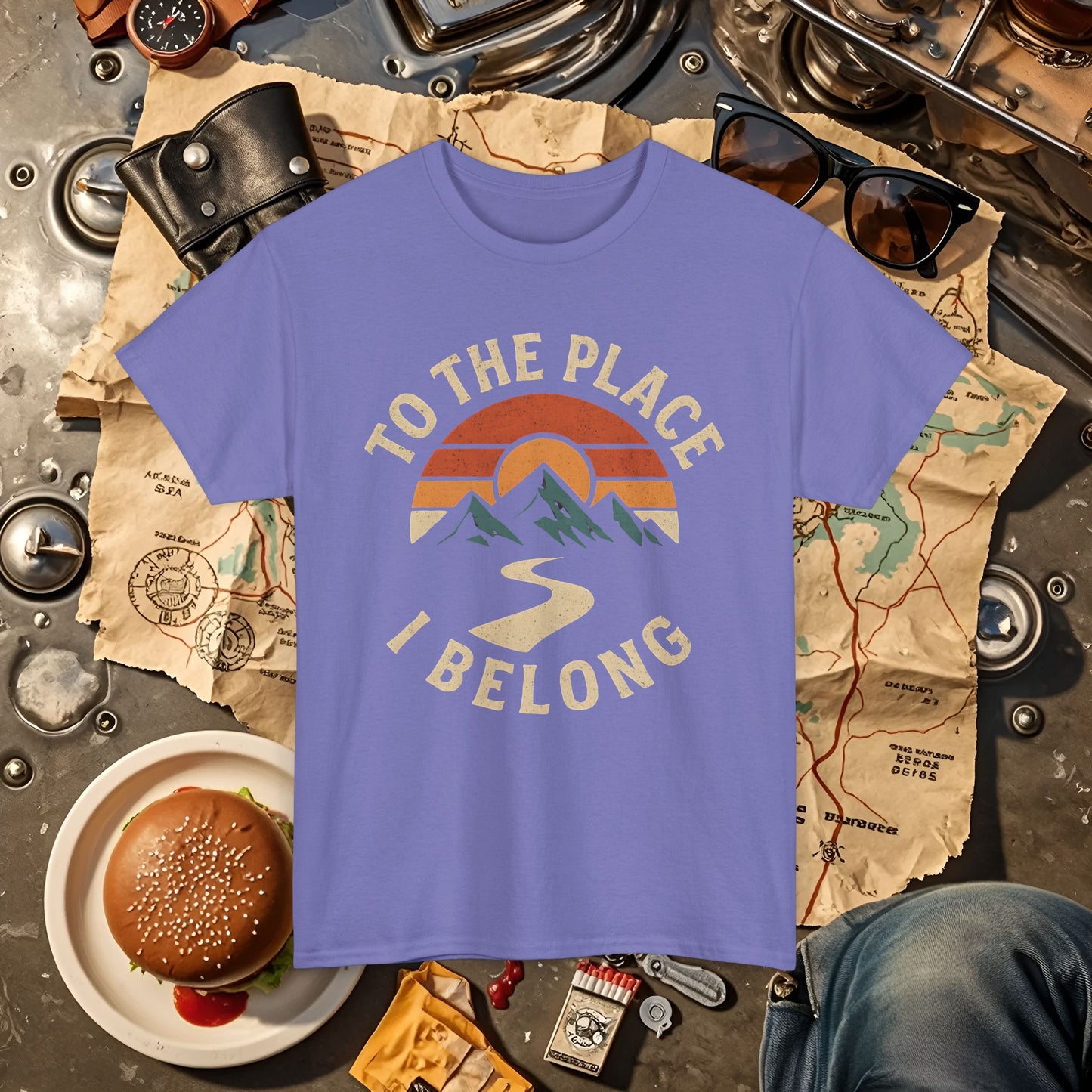 To the Place I Belong T-Shirt – Retro Sunset Mountain Road Travel Badge Road Trip & Vehicle Travel T-Shirts | Car, RV, and Motorcycle Adventure Tees