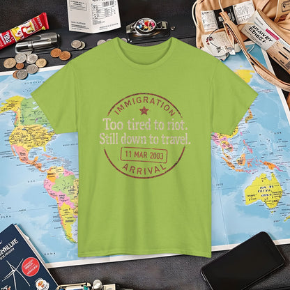 Too Tired to Riot, Still Down to Travel – Vintage Passport Stamp Travel Quote Tee Air Travel T-Shirts | Jetsetter, Airport, and International Flight Tees