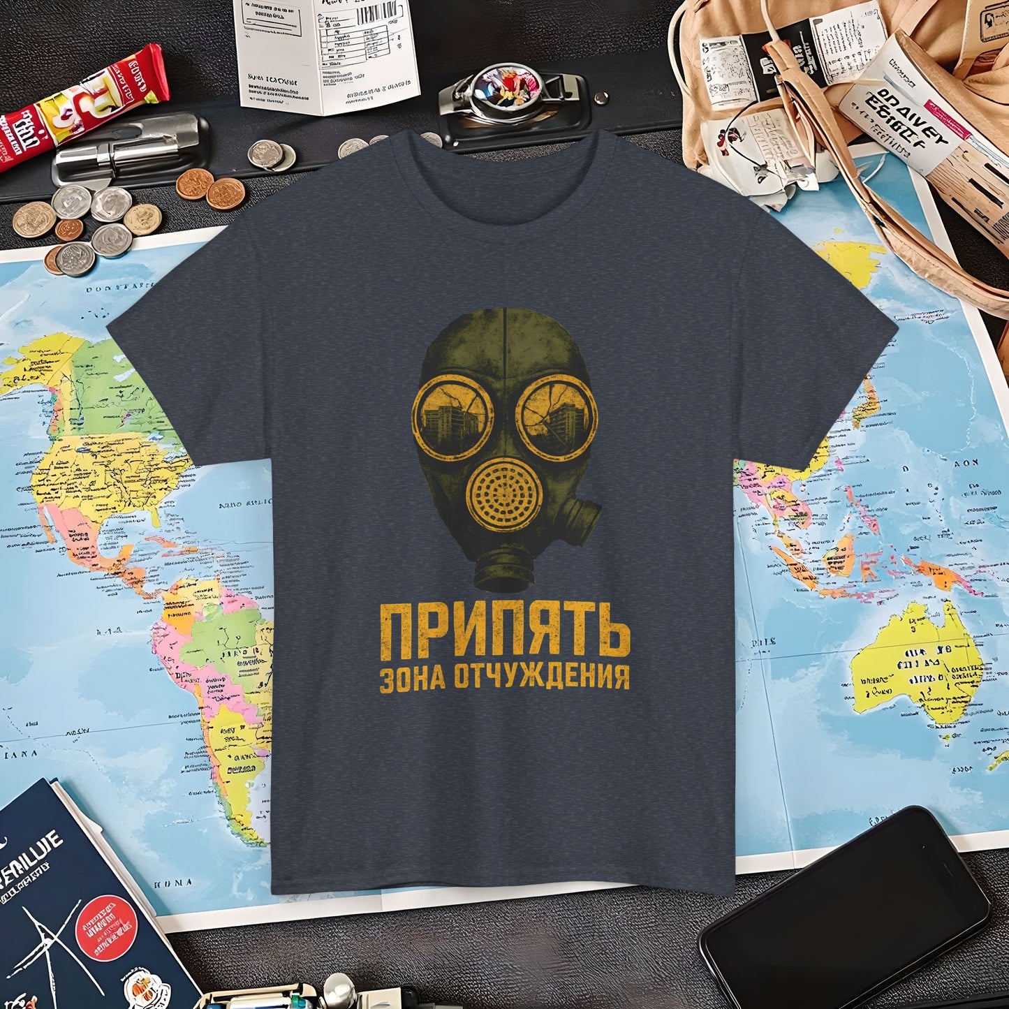 Pripyat Gas Mask with Ruined Apartment Reflection Tee – Chernobyl Dark Tourism Shirt | Layover Club Air Travel T-Shirts | Jetsetter, Airport, and International Flight Tees