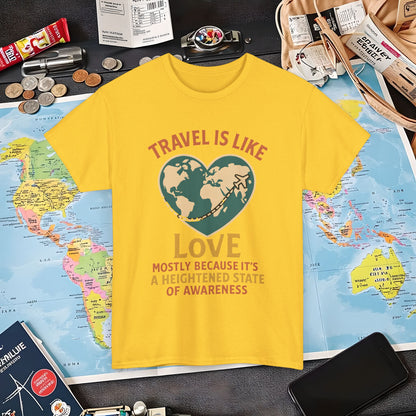 Travel Is Like Love – Heart Map Quote Tee with Airplane Path | Layover Club Air Travel T-Shirts | Jetsetter, Airport, and International Flight Tees