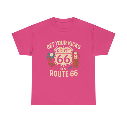 Get Your Kicks on Route 66 T-Shirt – Vintage Desert Scene with Classic Gas Pump & Roadside Vibes Road Trip & Vehicle Travel T-Shirts | Car, RV, and Motorcycle Adventure Tees