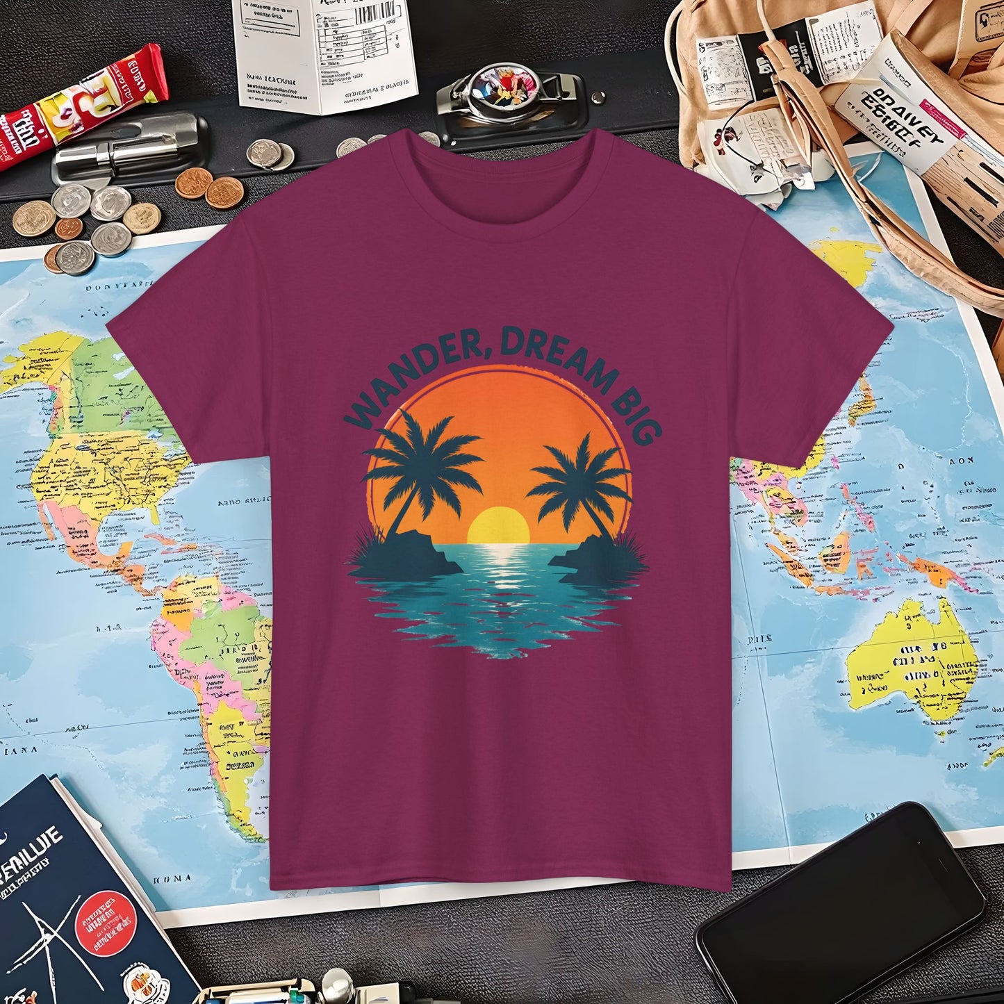 Wander Dream Big T-Shirt – Tropical Sunset with Palm Silhouettes Design Air Travel T-Shirts | Jetsetter, Airport, and International Flight Tees