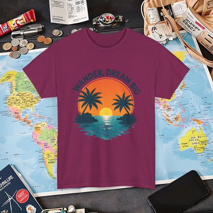 Wander Dream Big T-Shirt – Tropical Sunset with Palm Silhouettes Design Air Travel T-Shirts | Jetsetter, Airport, and International Flight Tees