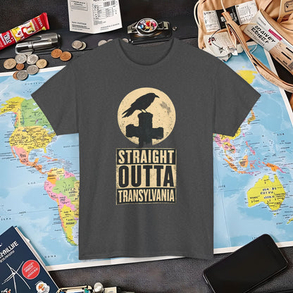 Straight Outta Transylvania Raven Cross Tee – Gothic Travel Romania Shirt | Layover Club Air Travel T-Shirts | Jetsetter, Airport, and International Flight Tees