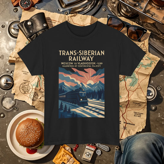 Trans-Siberian Twilight – Art Deco Russian Train Journey Tee Road Trip & Vehicle Travel T-Shirts | Car, RV, and Motorcycle Adventure Tees