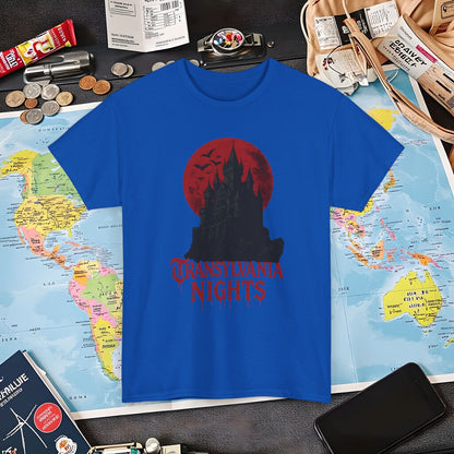 Transylvania Nights Tee – Gothic Castle Under Crimson Moon | Layover Club Air Travel T-Shirts | Jetsetter, Airport, and International Flight Tees