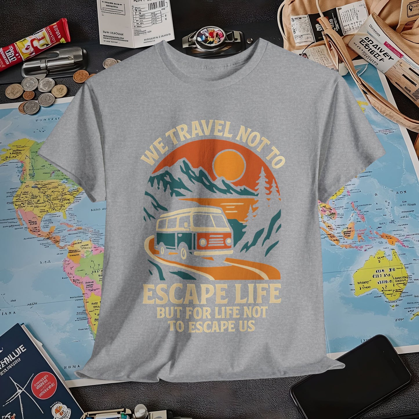Travel Not to Escape Life – Retro Van & Sunset Road Adventure Tee | Layover Club Air Travel T-Shirts | Jetsetter, Airport, and International Flight Tees