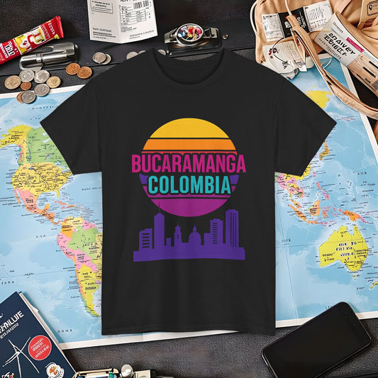 Retro Bucaramanga Skyline Sunset Tee – Vintage Colombia Travel Shirt| Layover Club Air Travel T-Shirts | Jetsetter, Airport, and International Flight Tees