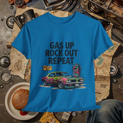 Gas Up, Rock Out and Repeat Road Trip & Vehicle Travel T-Shirts | Car, RV, and Motorcycle Adventure Tees