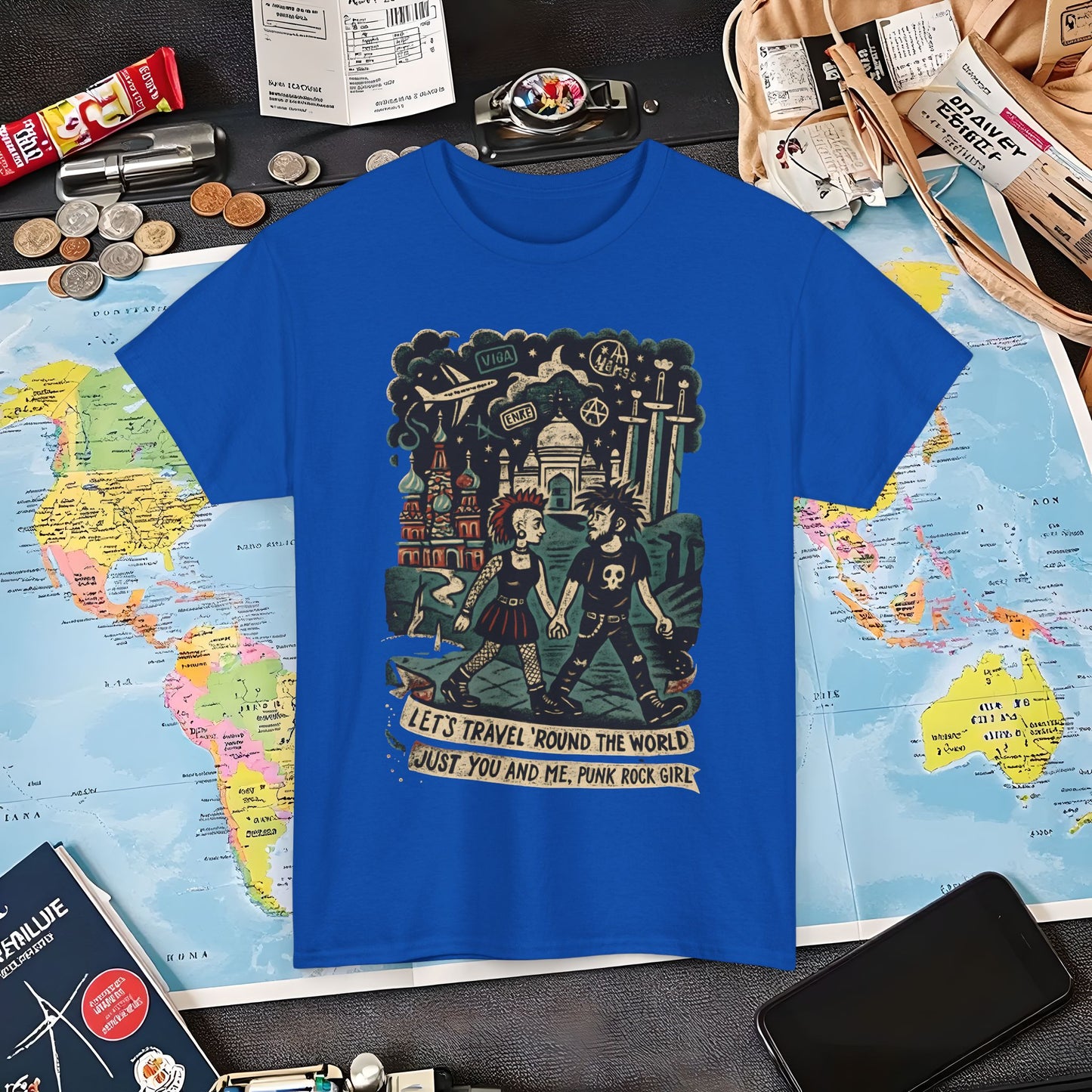 Let’s Travel 'Round the World, Just You and Me – Punk Rock Girl Global Adventure Tee Air Travel T-Shirts | Jetsetter, Airport, and International Flight Tees