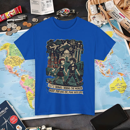 Let’s Travel 'Round the World, Just You and Me – Punk Rock Girl Global Adventure Tee Air Travel T-Shirts | Jetsetter, Airport, and International Flight Tees