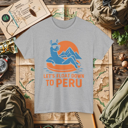 Let’s Float Down to Peru T-Shirt – Chill Llama on Inner Tube and Andes Sunset Outdoor Adventure T-Shirts | Camping, Hiking, Rafting & Kayaking Tees for Nature Lovers