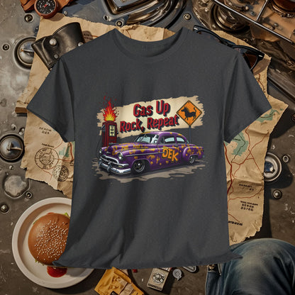 Gas Up, Rock and Repeat Road Trip & Vehicle Travel T-Shirts | Car, RV, and Motorcycle Adventure Tees