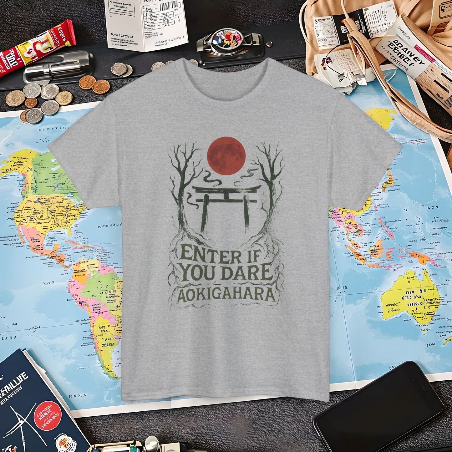 Aokigahara Torii Path Under Blood Moon Tee | Layover Club Air Travel T-Shirts | Jetsetter, Airport, and International Flight Tees