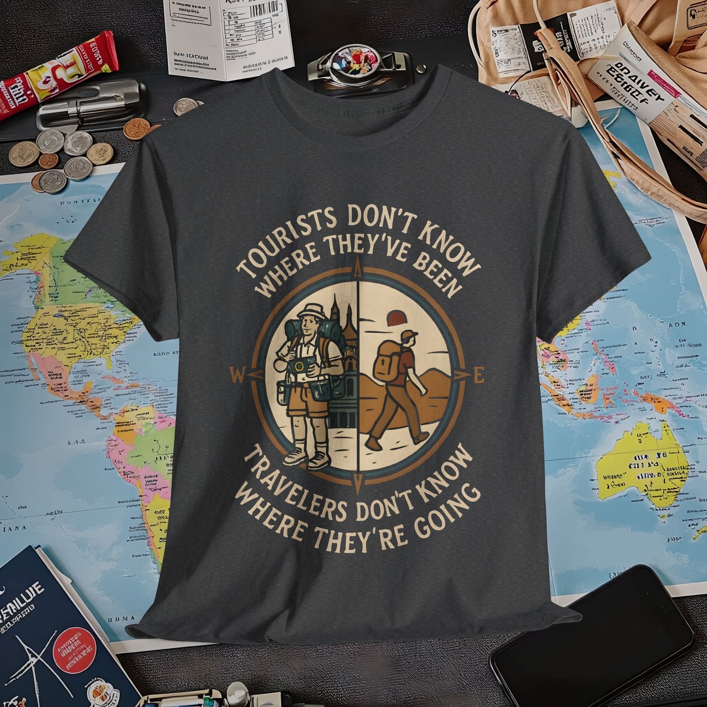 Tourists vs. Travelers – Vintage Compass Emblem Quote Tee | Layover Club Air Travel T-Shirts | Jetsetter, Airport, and International Flight Tees