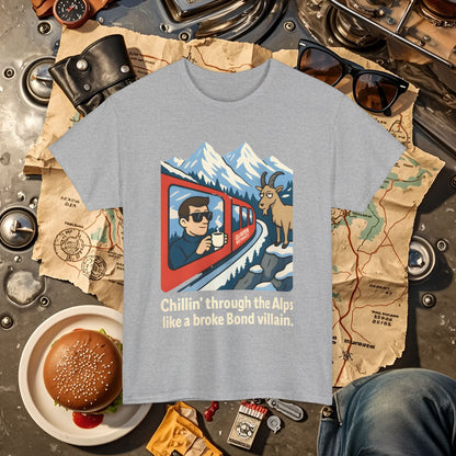 Glacier Express Chill Tee – Skeptical Goat in the Alps Vibe Road Trip & Vehicle Travel T-Shirts | Car, RV, and Motorcycle Adventure Tees