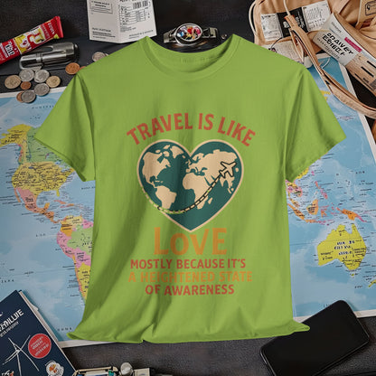 Travel Is Like Love – Heart Map Quote Tee with Airplane Path | Layover Club Air Travel T-Shirts | Jetsetter, Airport, and International Flight Tees