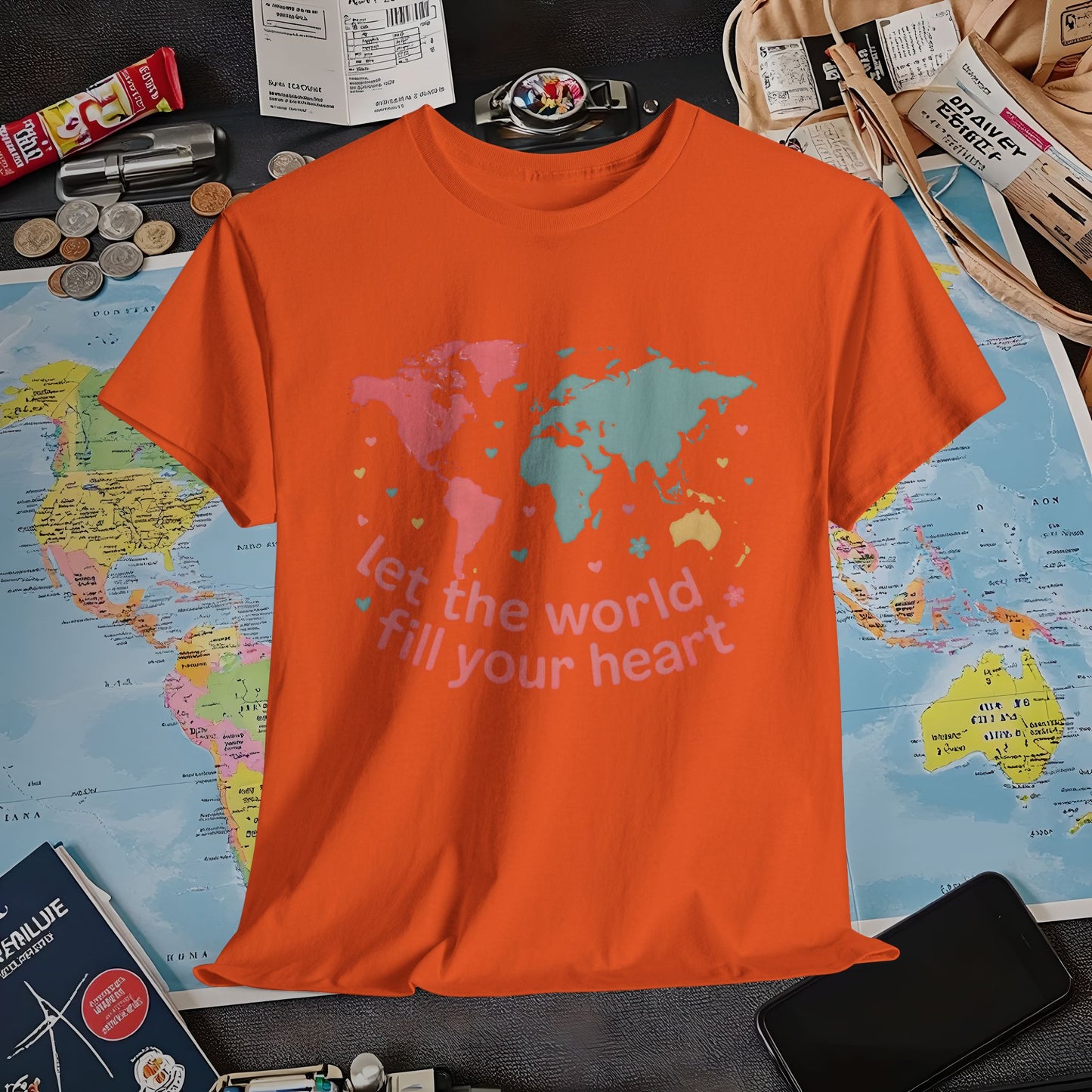 Let the World Fill Your Heart T-Shirt – World Map Adventure Design Air Travel T-Shirts | Jetsetter, Airport, and International Flight Tees