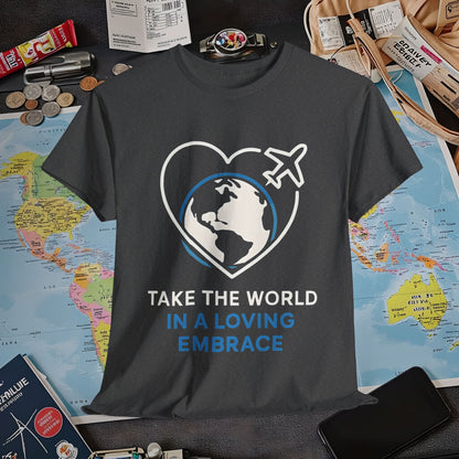 Take the World in a Loving Embrace T-Shirt – Heart in Flight Over Globe Design Air Travel T-Shirts | Jetsetter, Airport, and International Flight Tees