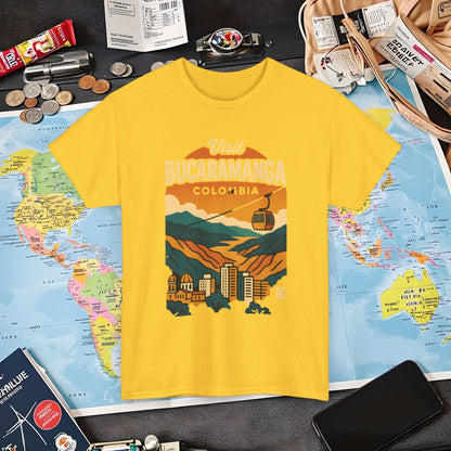 Retro Bucaramanga Skyline with Chicamocha Canyon – Vintage Colombia Travel Tee | Layover Club Air Travel T-Shirts | Jetsetter, Airport, and International Flight Tees