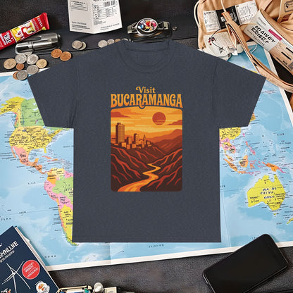 Retro Bucaramanga Skyline & Chicamocha Canyon Sunset – Vintage Colombia Travel Tee | Layover Club Air Travel T-Shirts | Jetsetter, Airport, and International Flight Tees