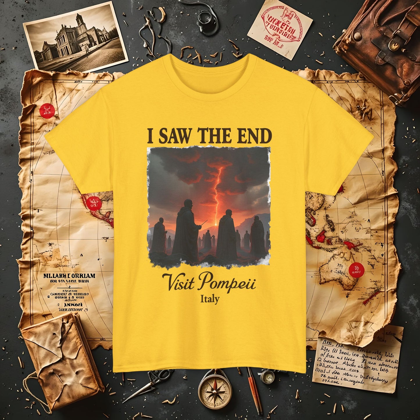 Pompeii Memories T-Shirt – Dark Tourism Shirt with Volcano Eruption Silhouette Art