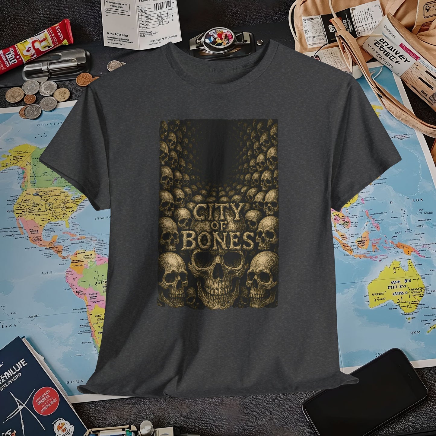 City of Bones Paris Tee – Gothic Skull Catacomb Tunnel Artwork | Layover Club Air Travel T-Shirts | Jetsetter, Airport, and International Flight Tees