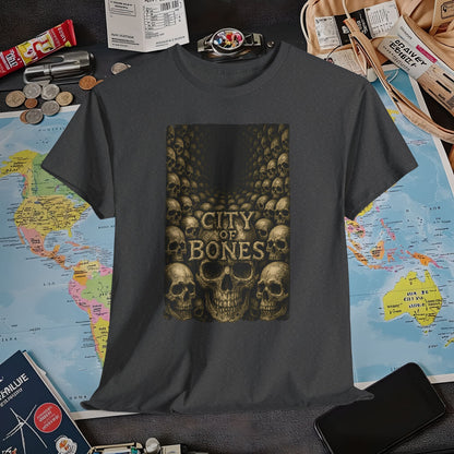 City of Bones Paris Tee – Gothic Skull Catacomb Tunnel Artwork | Layover Club Air Travel T-Shirts | Jetsetter, Airport, and International Flight Tees