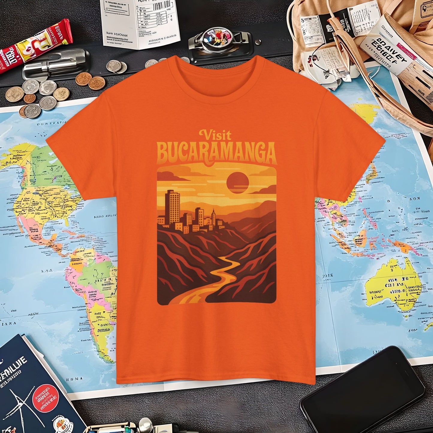 Retro Bucaramanga Skyline & Chicamocha Canyon Sunset – Vintage Colombia Travel Tee | Layover Club Air Travel T-Shirts | Jetsetter, Airport, and International Flight Tees
