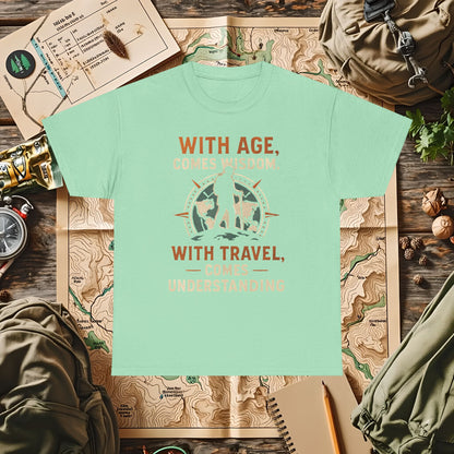 With Age Comes Wisdom, With Travel Comes Understanding Tee – Explorer Compass Design | Camping, Hiking, Rafting & Kayaking Tees for Nature Lovers
